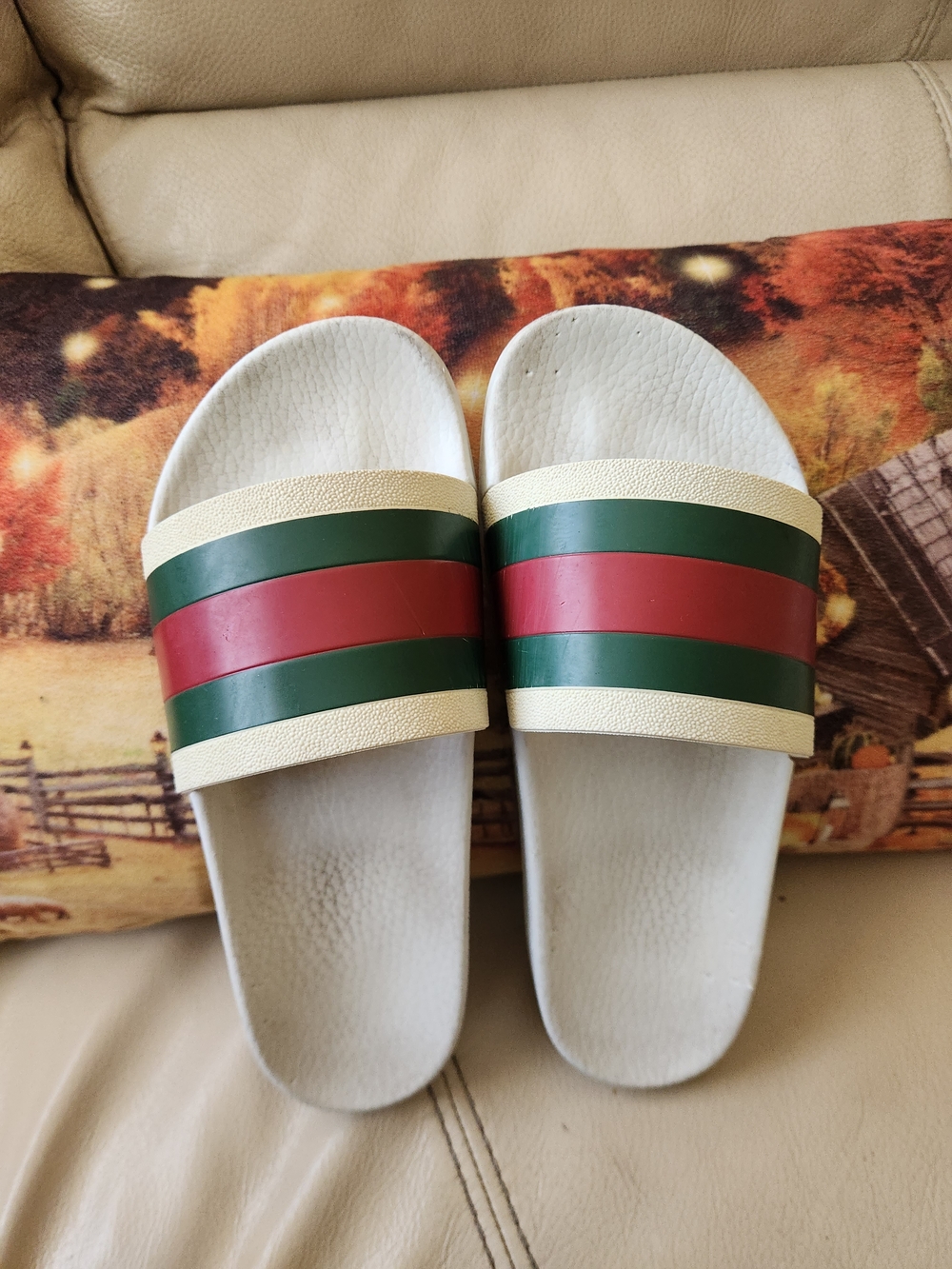 Gucci White Slides with Green and Red Stripes